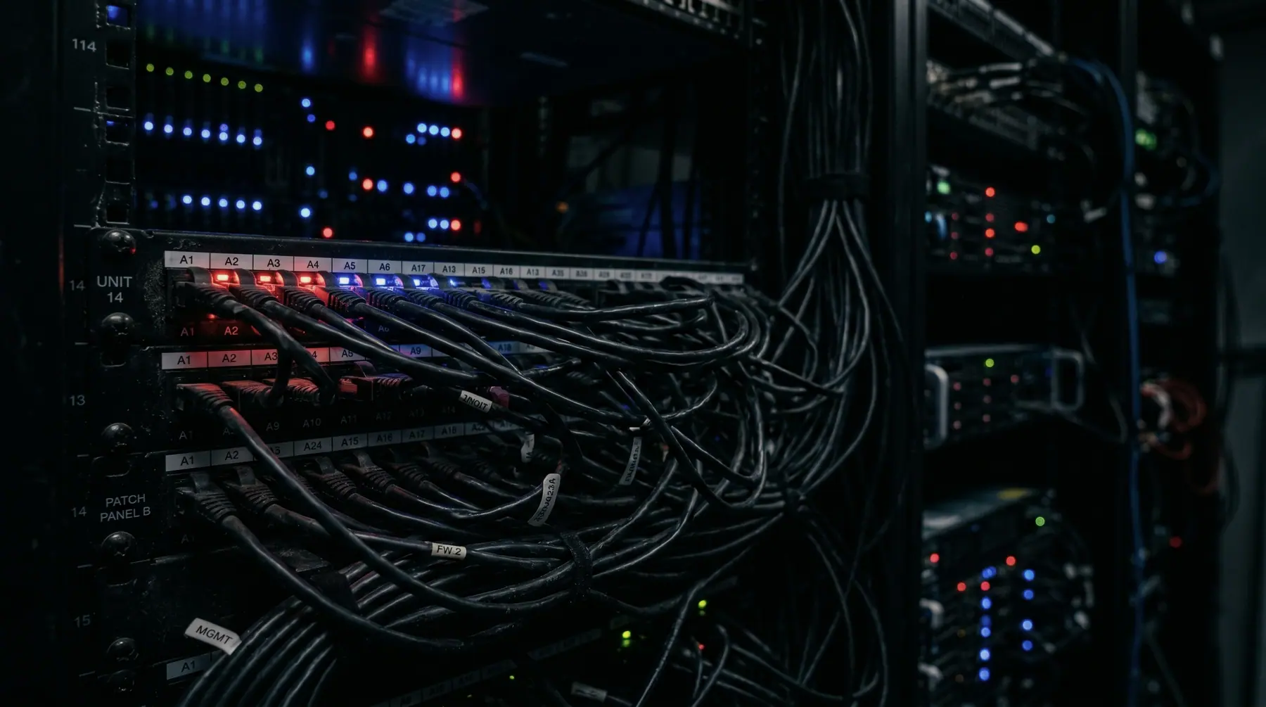 Server rack with patch cables and status LEDs in a server room