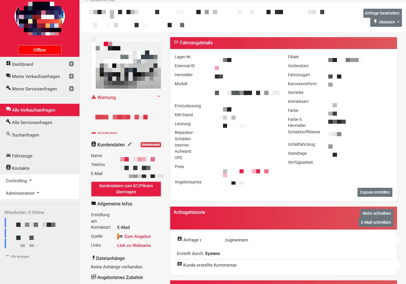 CCM2 enquiry detail: vehicle data, customer contact and enquiry history in one place — personal details redacted